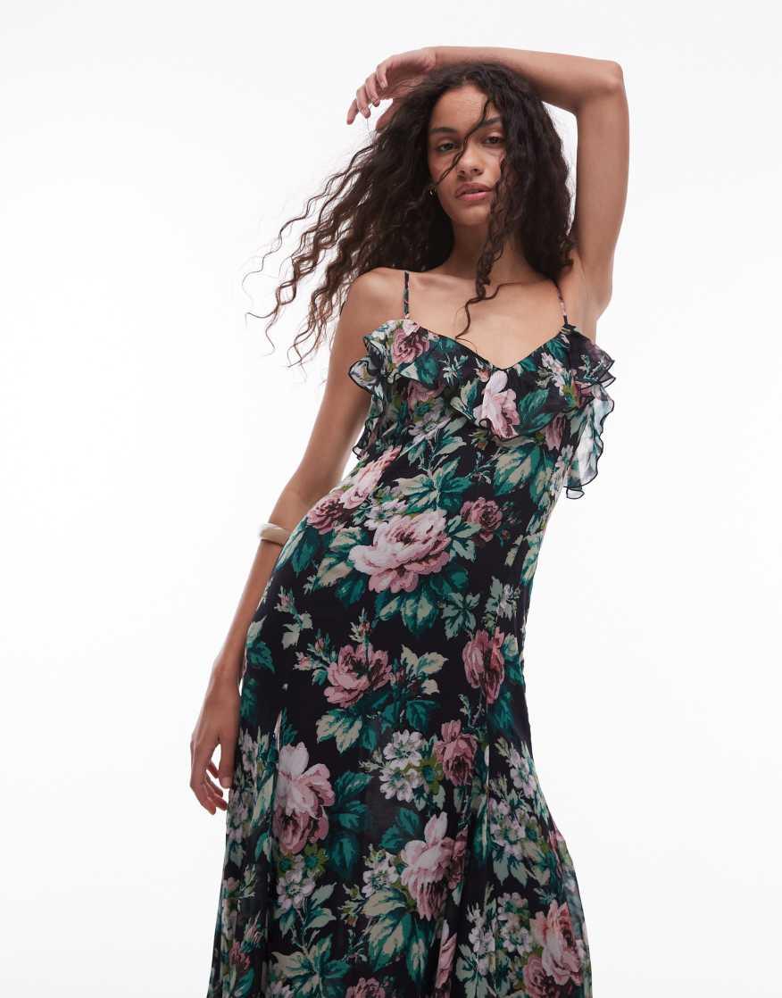 MANGO Chiffon Ruffle Maxi Dress