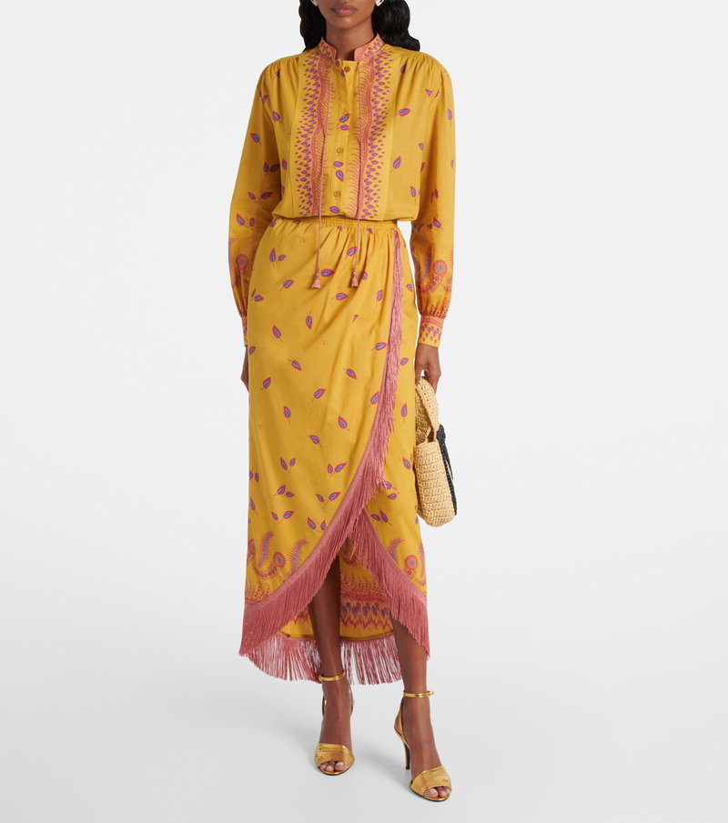 Valentino yellow and pink floral print midi dress with fringe.