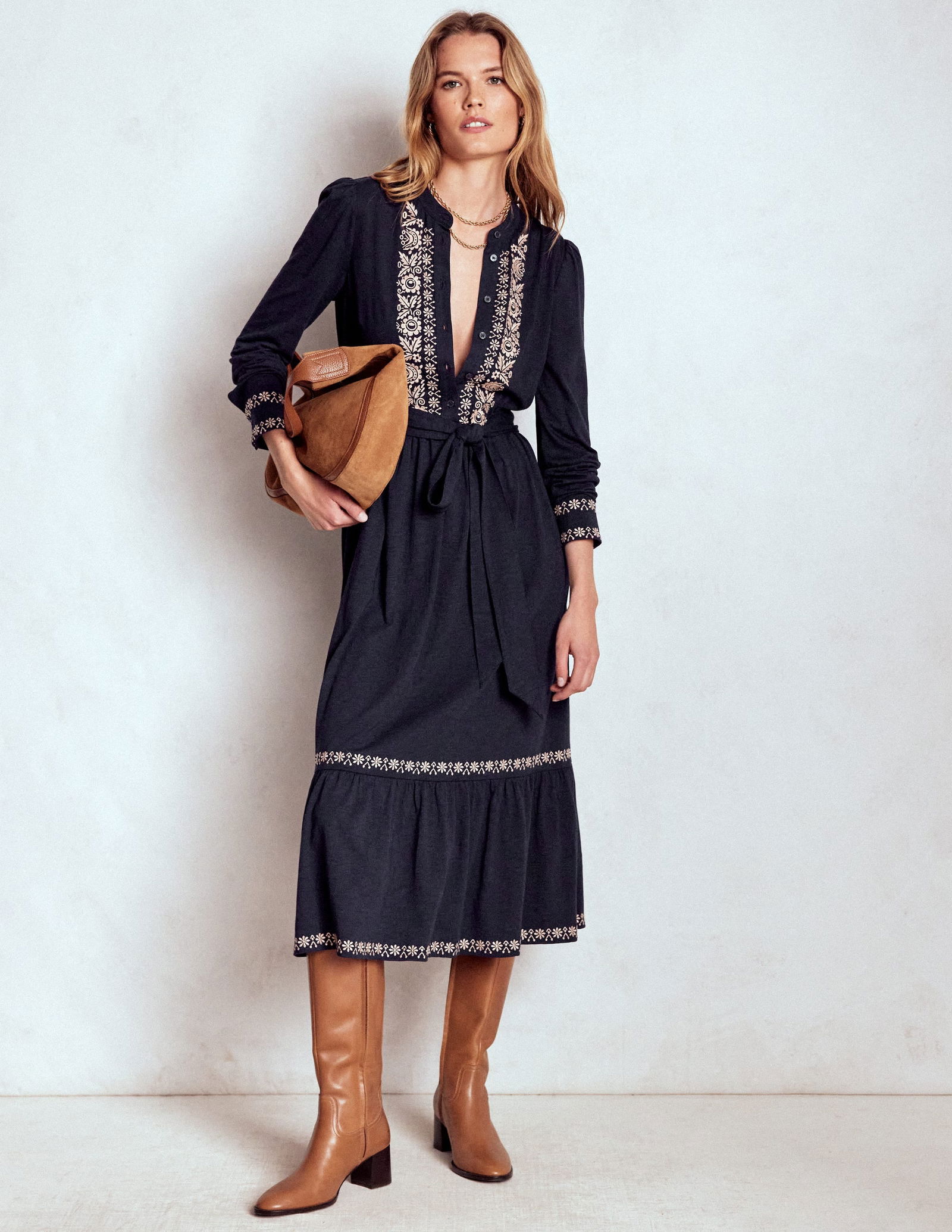 BODEN Edwina Jersey Shirt Dress-Navy | endource