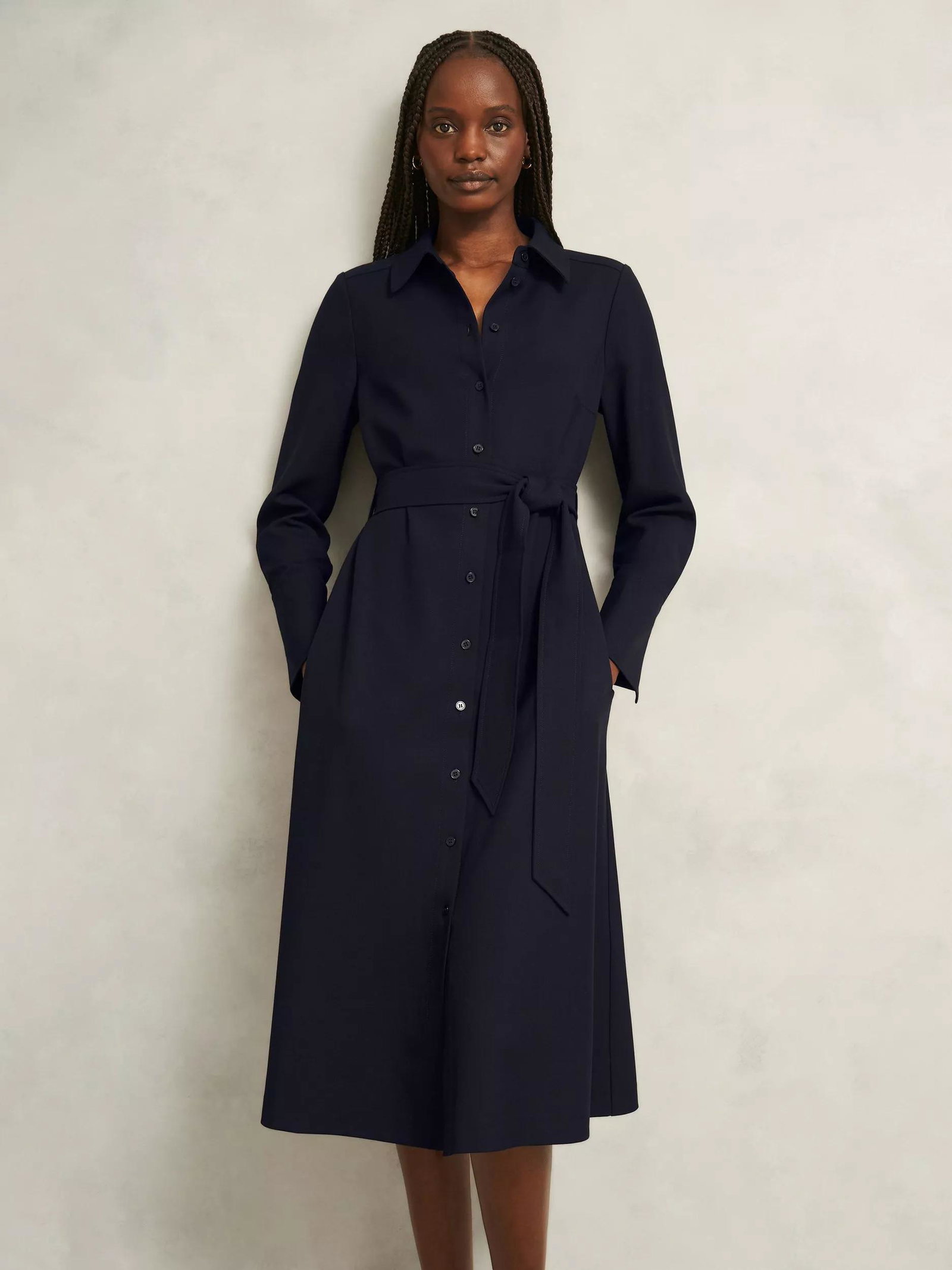 knee length dresses for ladies Petite 3/4 Roll Tab Sleeve Shirtdress Navy Big Dot / PXL
