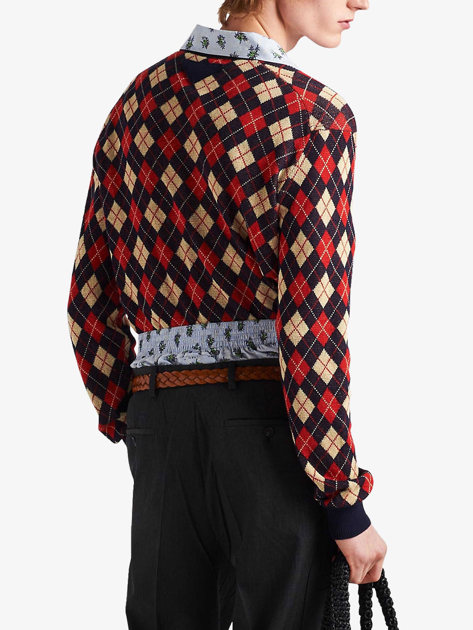 PRADA Argyle-Pattern V-Neck Cotton Knit Sweatshirt | endource