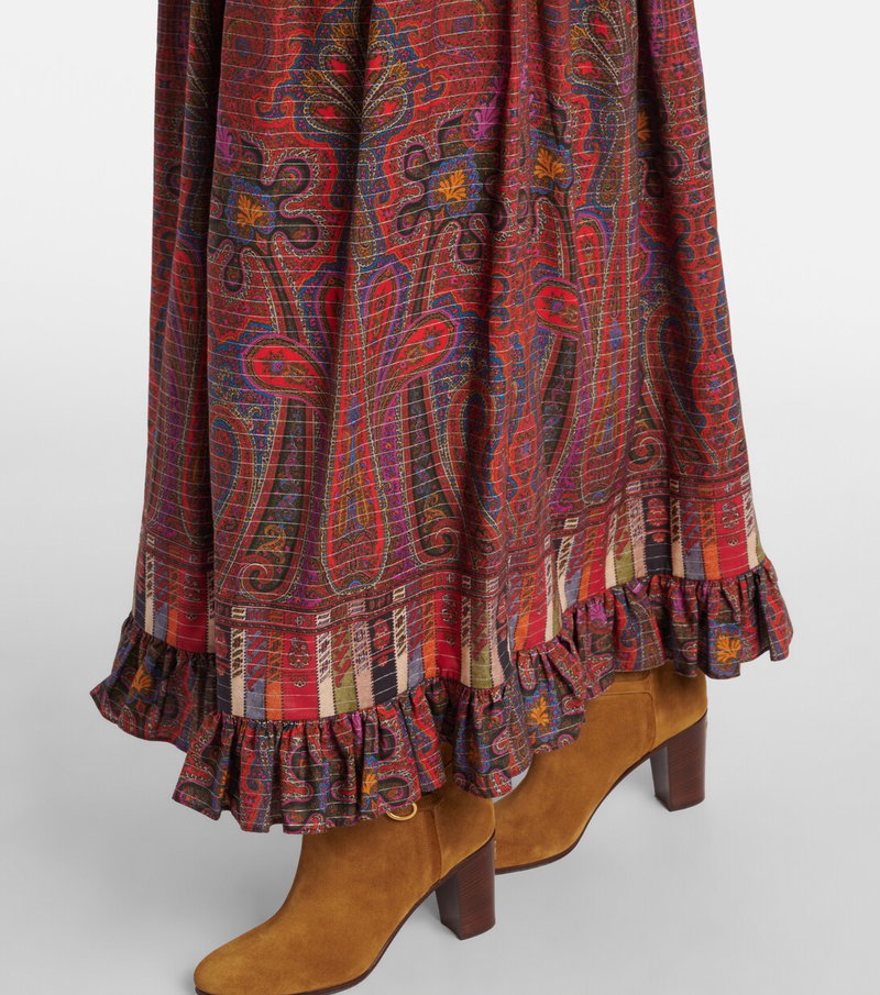 Valentino paisley print maxi skirt with layered ruffles and suede boots