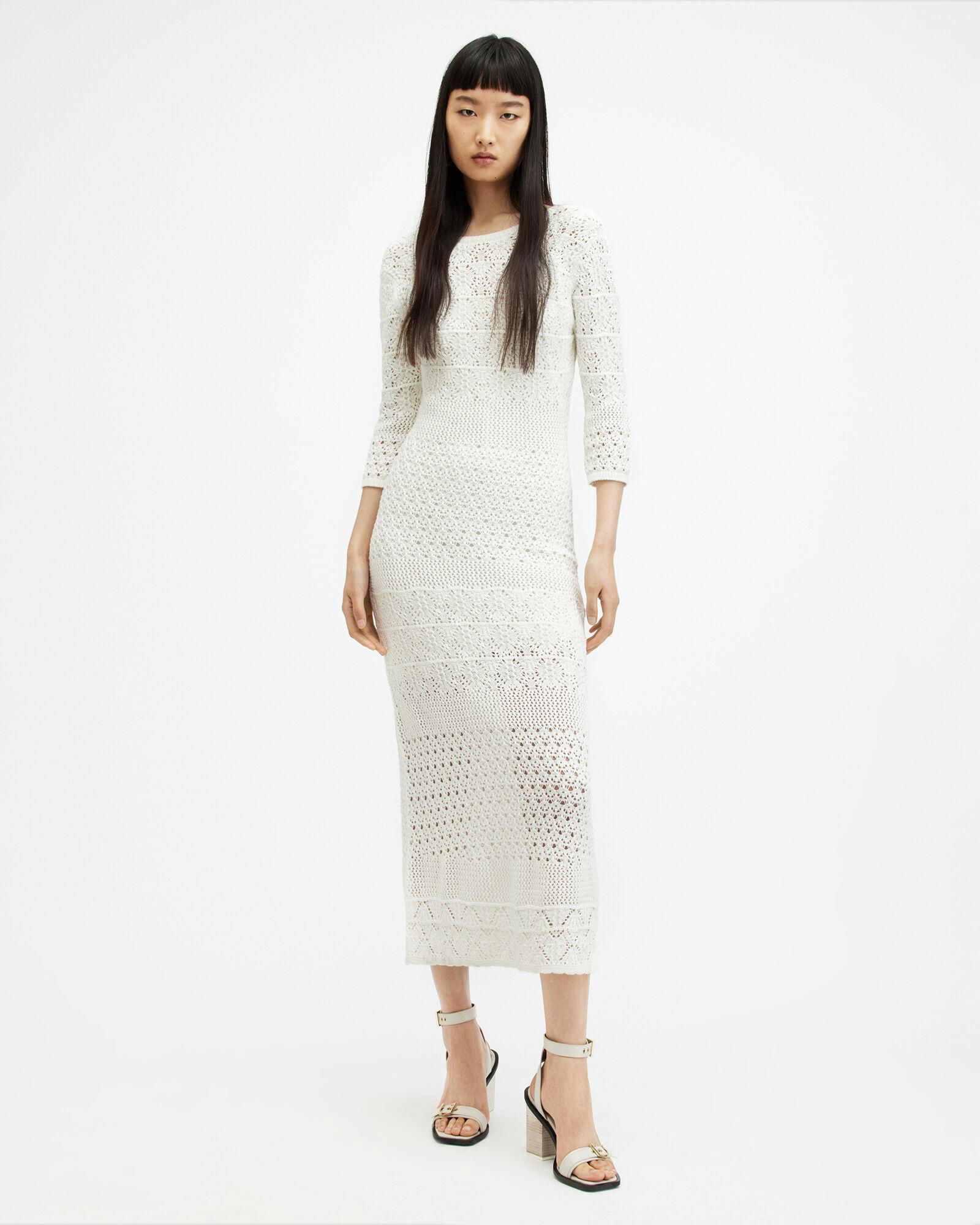ALLSAINTS Briar Lace Long Sleeve Slim Midi Dress in Chalk White | Endource