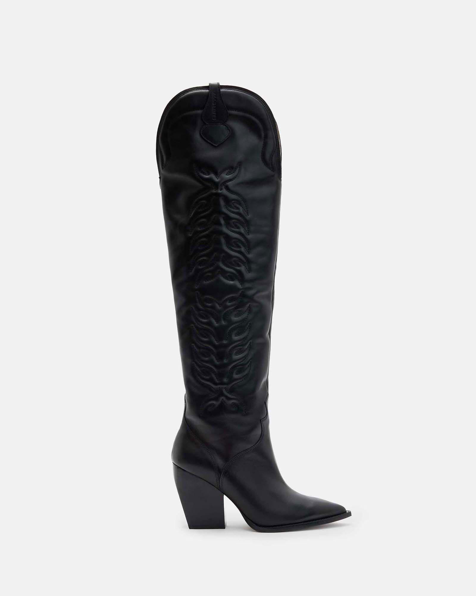 ALLSAINTS Roxanne Knee High Western Leather Boots in Black | Endource