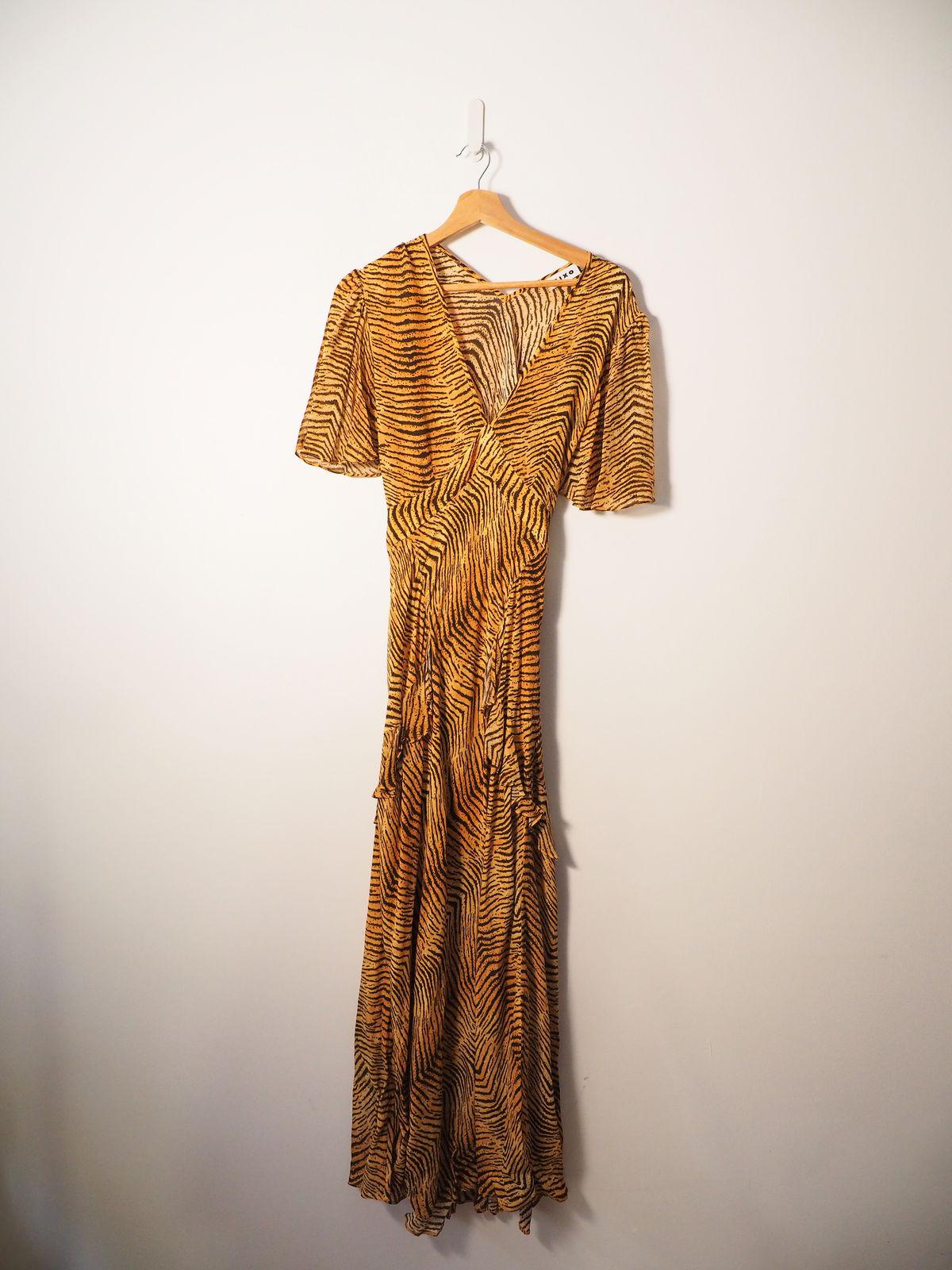 rixo green tiger dress 70% off Evie Tiger-Print Silk-Chiffon Maxi Rixo lucy dress