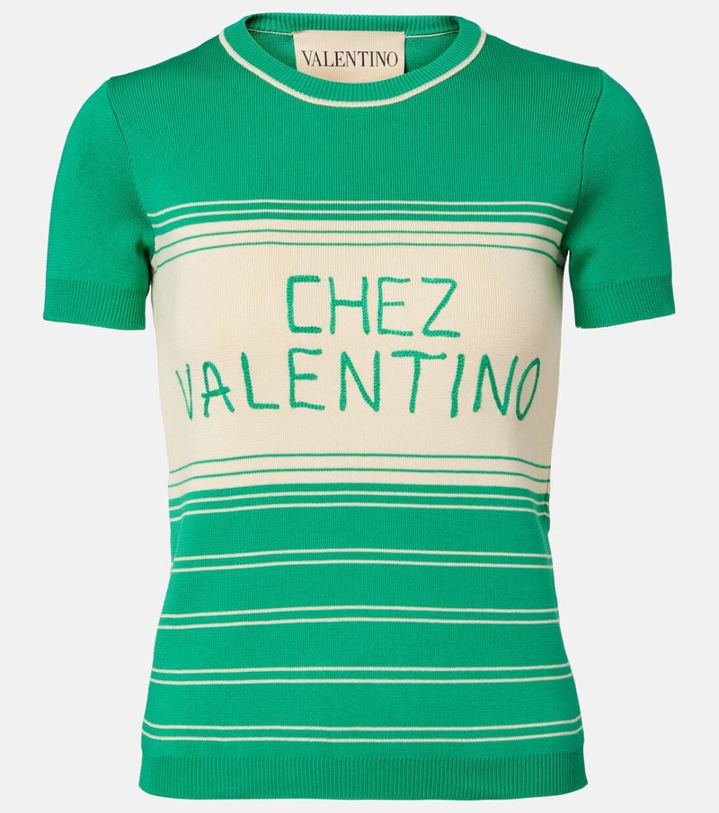 Green and white striped knit top with Chez Valentino lettering