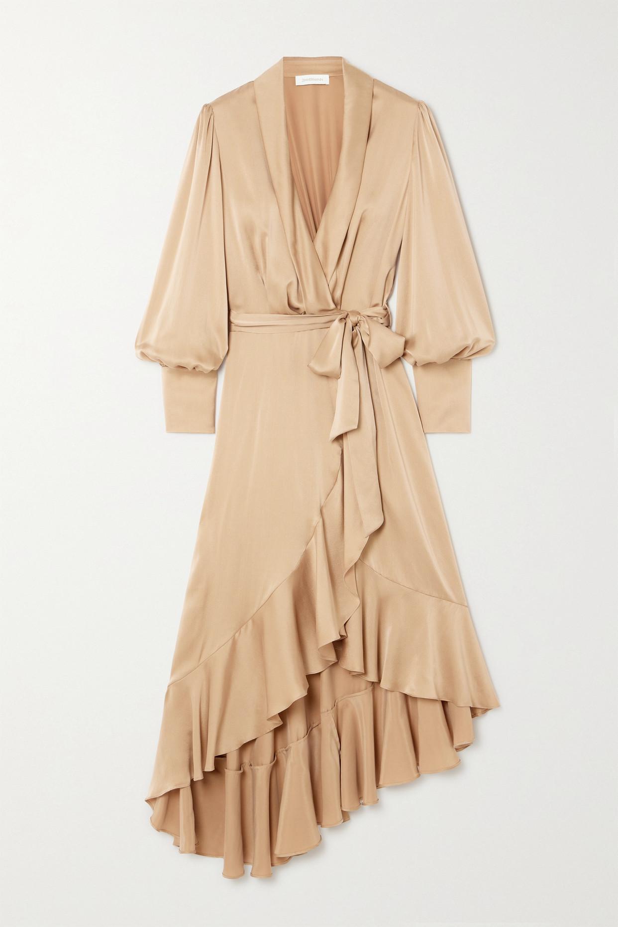 ZIMMERMANN Asymmetric Ruffled Duchesse Silk-Satin Midi Wrap Dress in ...