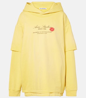Yellow hooded sweatshirt with off-the-shoulder sleeves and branding