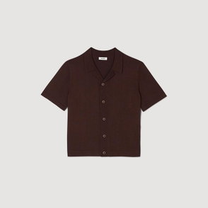 Dark brown knit short-sleeve shirt with buttoned collar