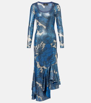 Metallic blue and gold floral print long-sleeved dress