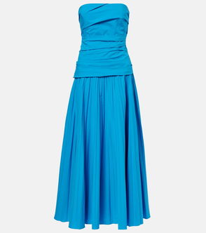 Blue pleated maxi dress with a gathered bodice.