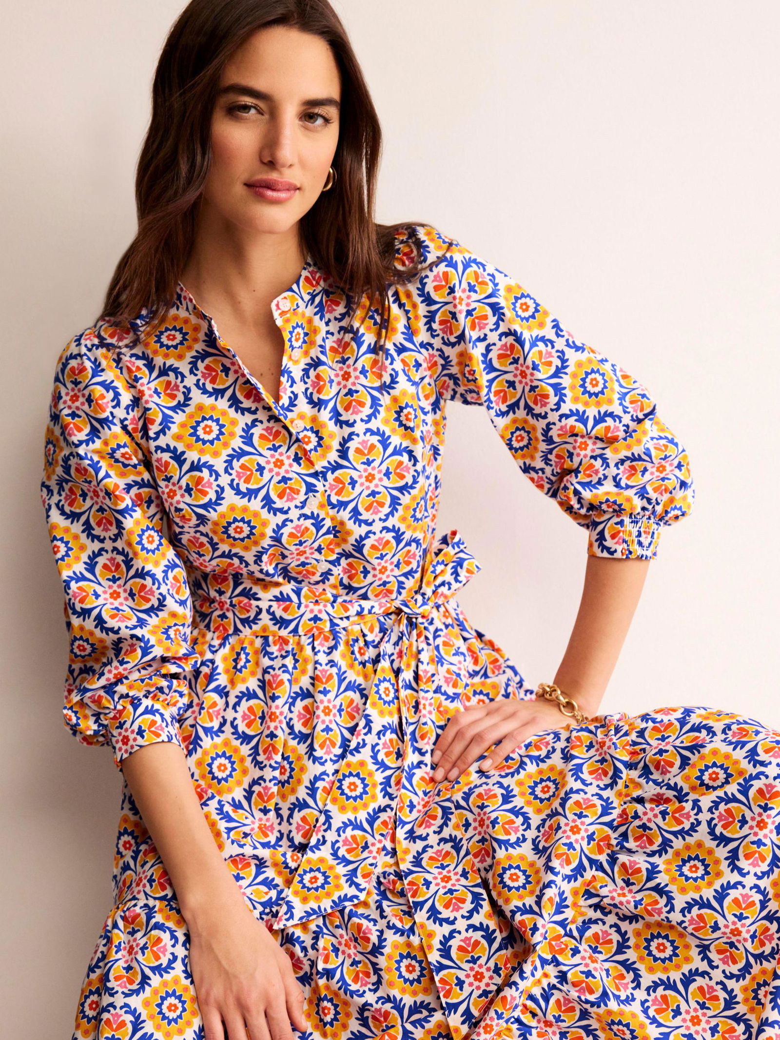 BODEN Alba Mosaic Bloom Print Tiered Cotton Dress | endource