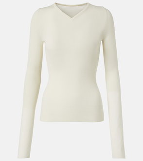 Cream ribbed-knit long-sleeve V-neck sweater