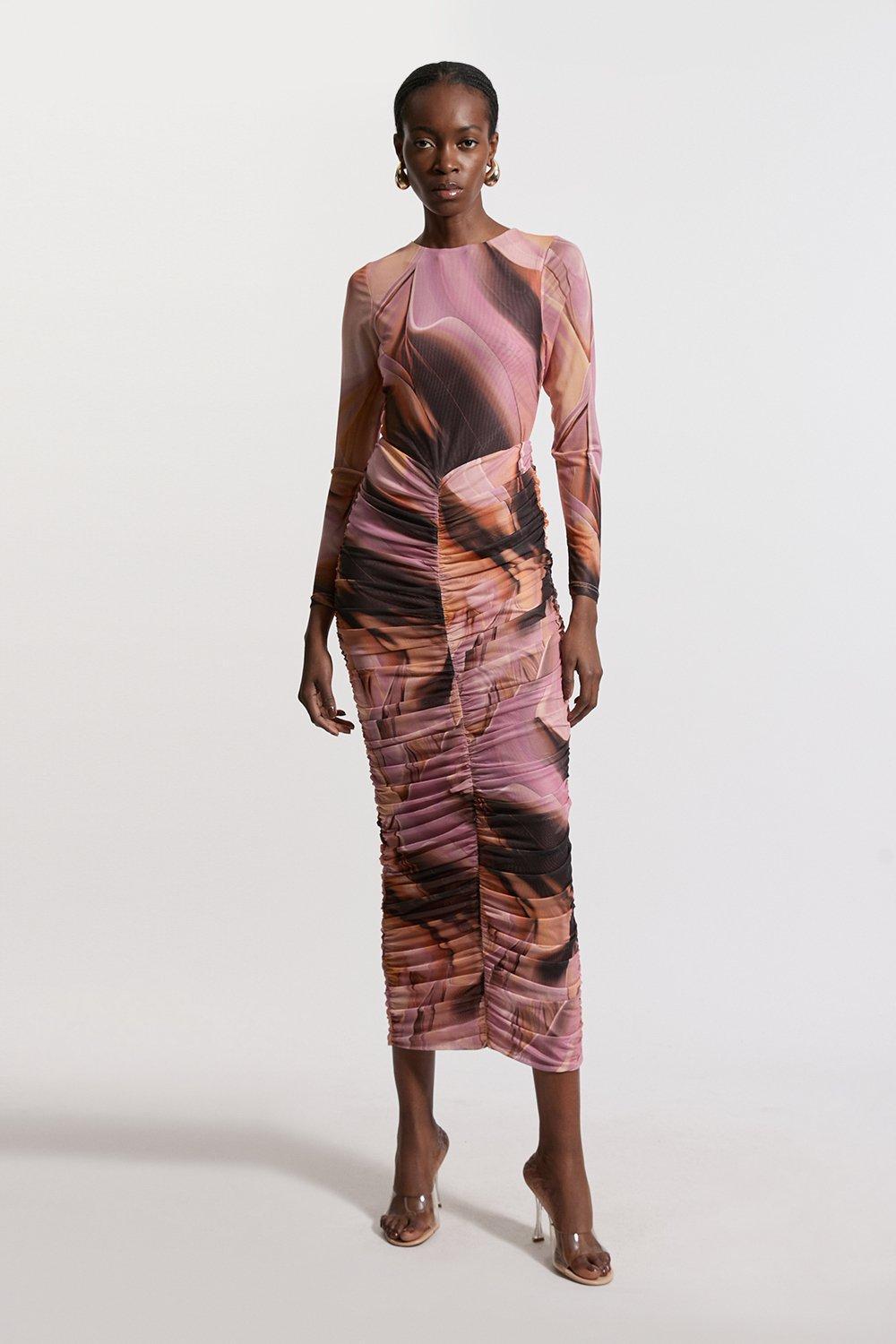karen millen mesh dress Lemon Coast Pleated Mesh Printed Cape Maxi Dress With Gemstone