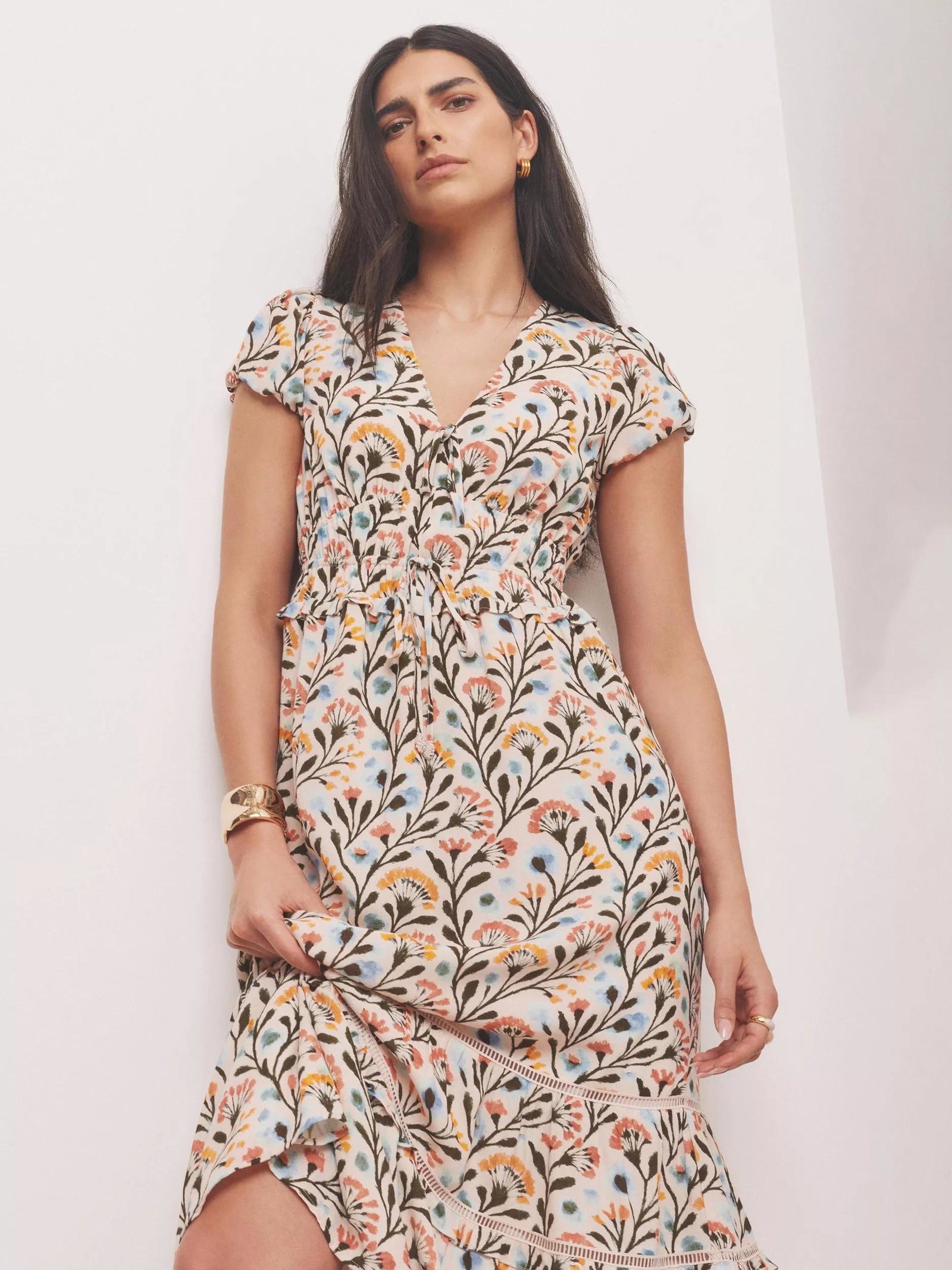 velvet v-neck floral cut out knotted midi dress Cider VELVET V-NECK FLORAL CUT OUT KNOTTED MIDI DRESS