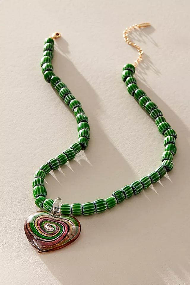 FREE PEOPLE Beaded Glass Pendant Necklace in Jade Green Heart | Endource