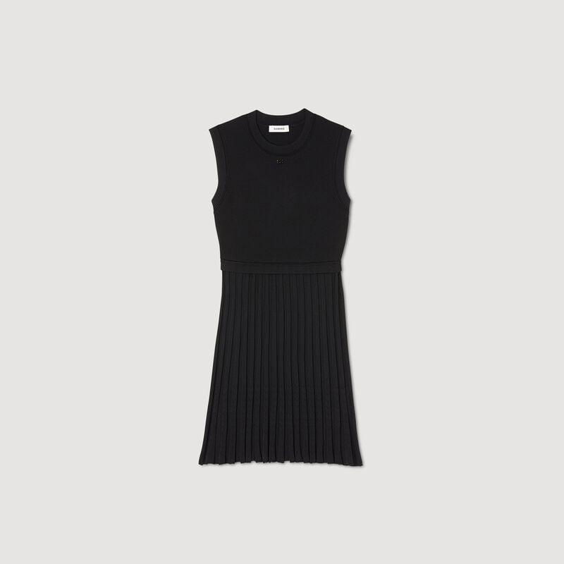 Black pleated knit dress with a ribbed collar by SANDRO