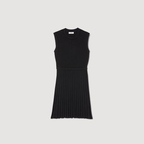 Black pleated knit dress with a ribbed collar by SANDRO