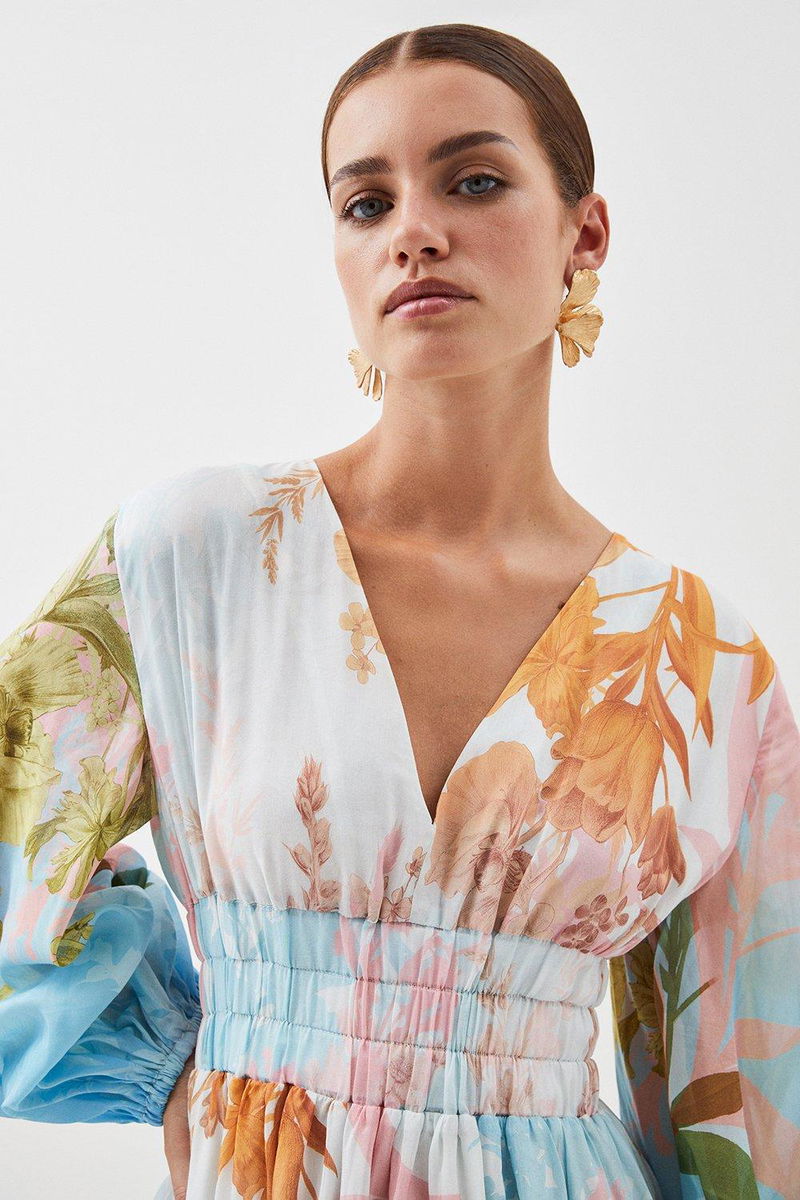 KAREN MILLEN Petite Ombre Botanical Silk Cotton Plunge Maxi Dress