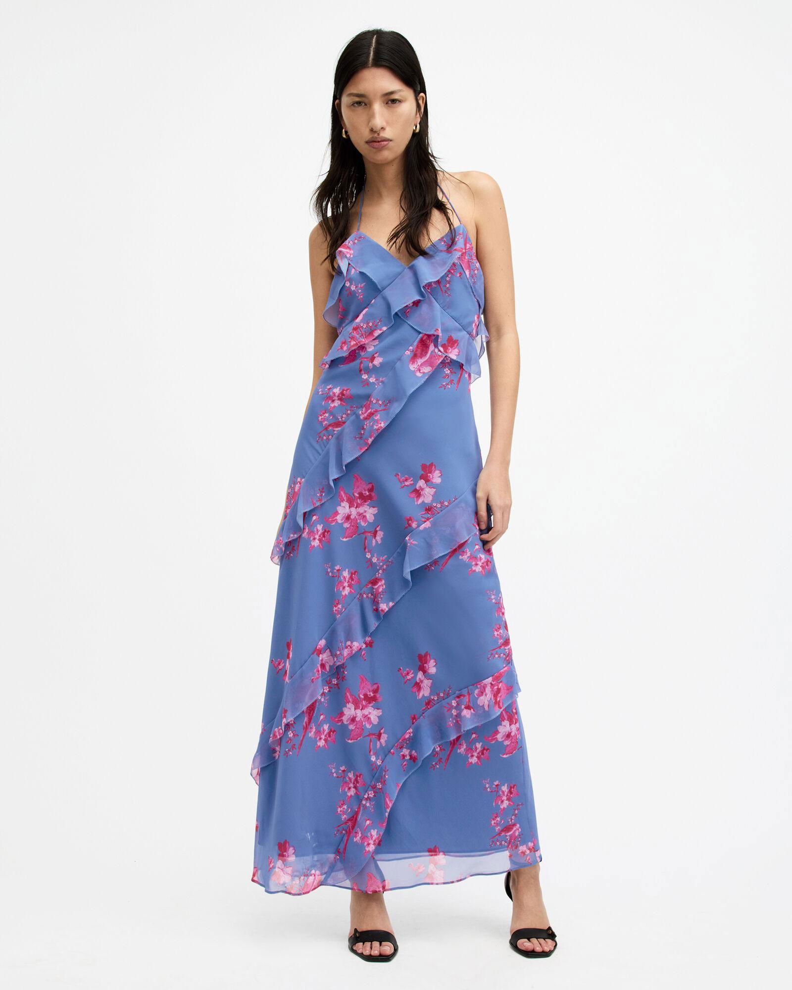 ALLSAINTS Marina Iona Floral Print Slim Fit Dress in Neon Pink | Endource