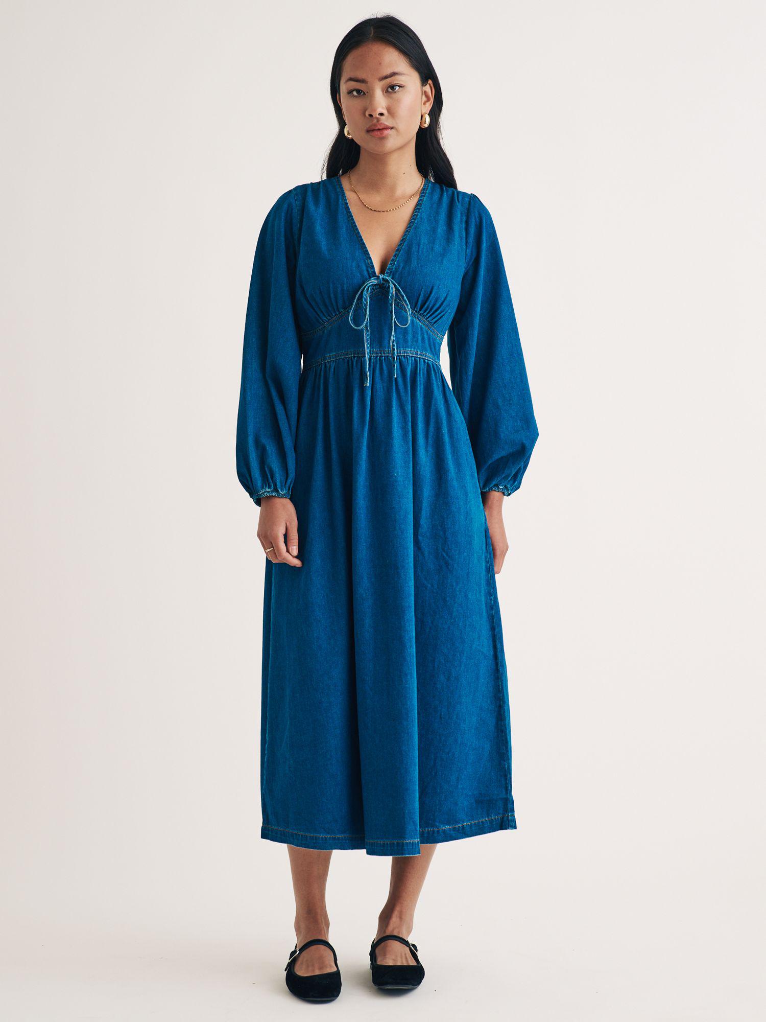 blue denim astra midi dress Blue Denim Sleeveless Midi Dress