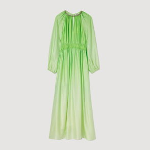 Lime green satin dress with long sleeves and a gathered waist.