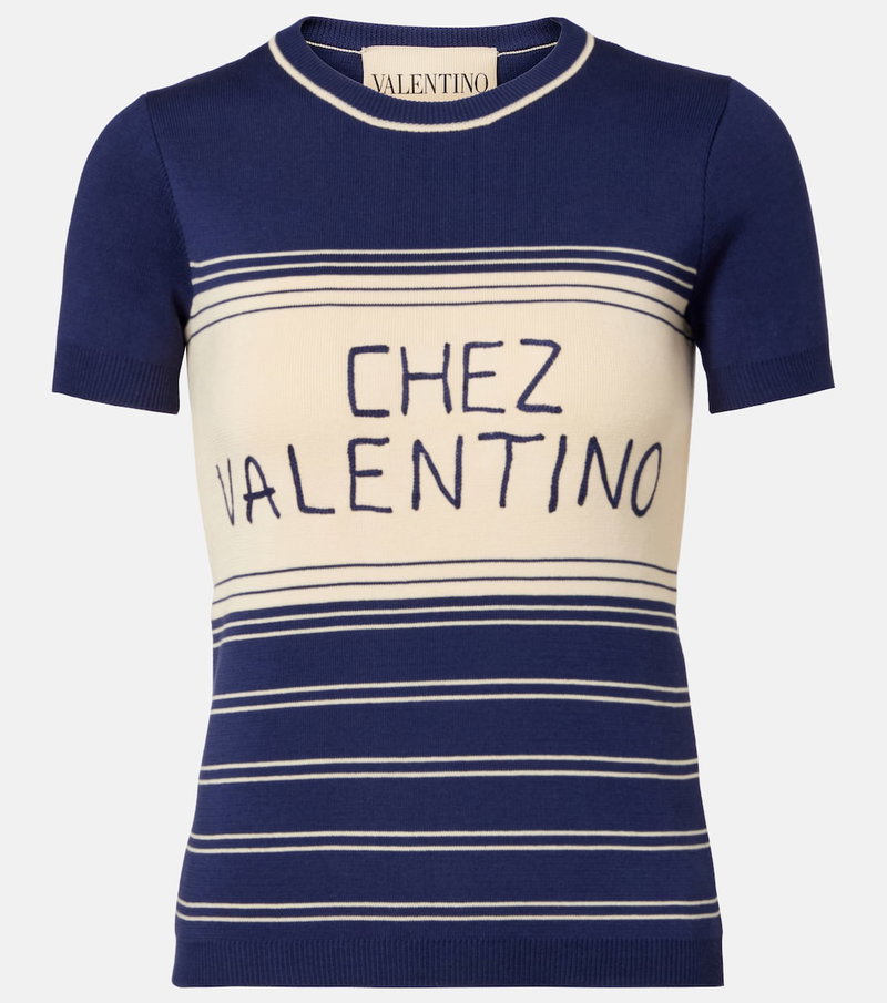 Blue and cream striped knit sweater with Chez Valentino lettering