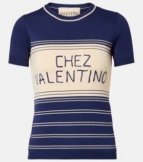 Blue and cream striped knit sweater with Chez Valentino lettering