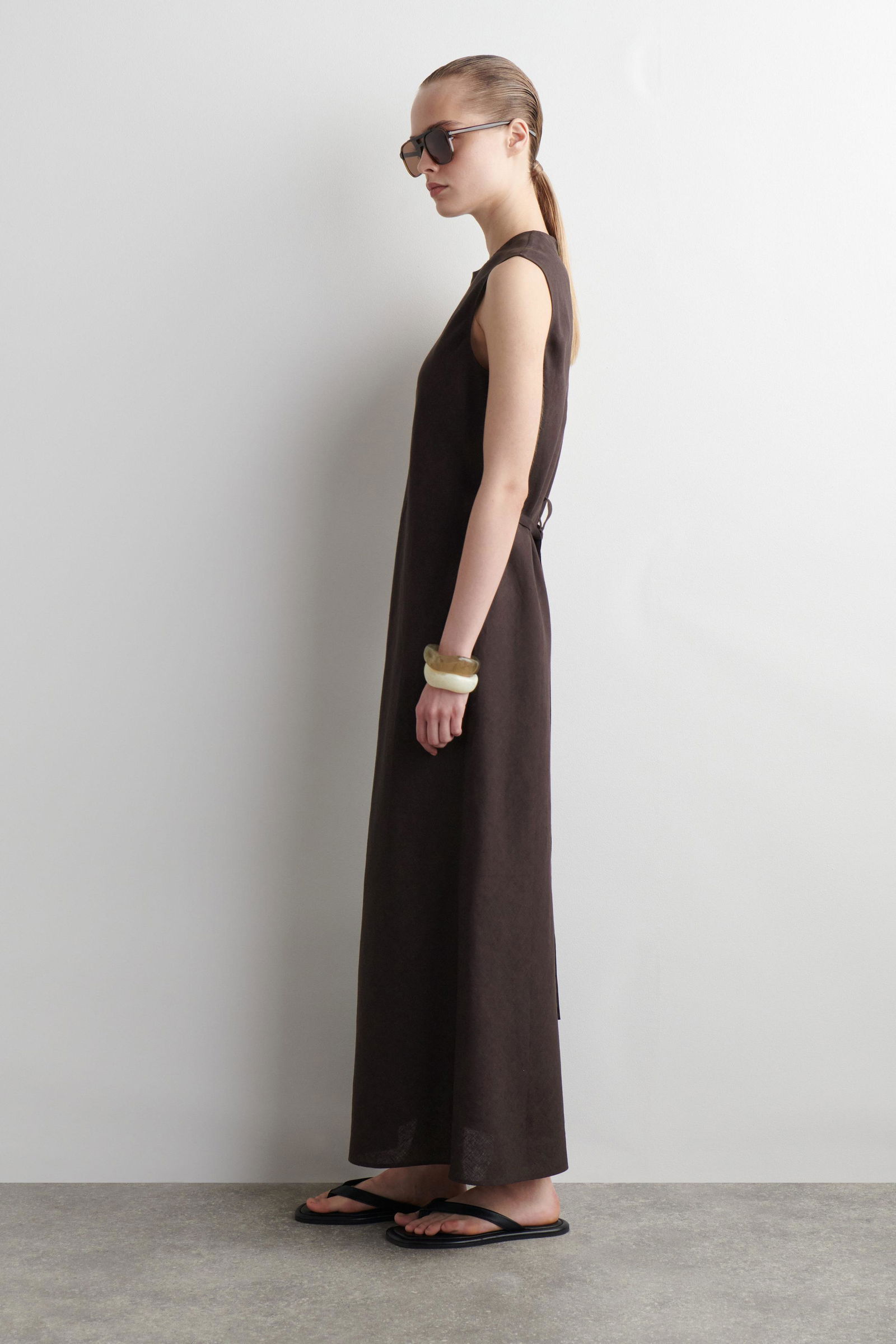 cos brown linen dress LINEN A-LINE MINI DRESS - BROWN