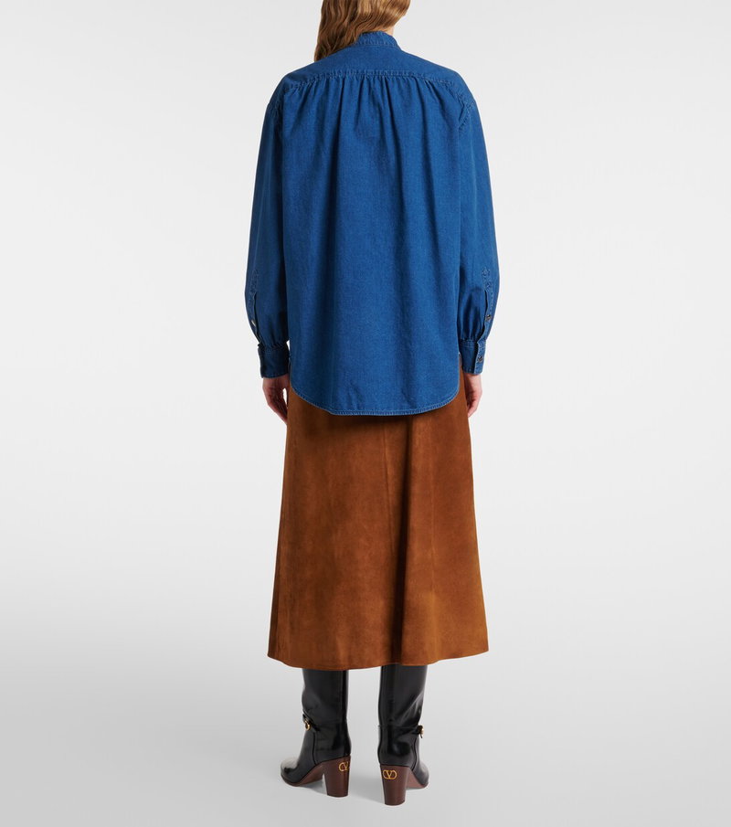 Valentino dark blue denim shirt with suede skirt and boots