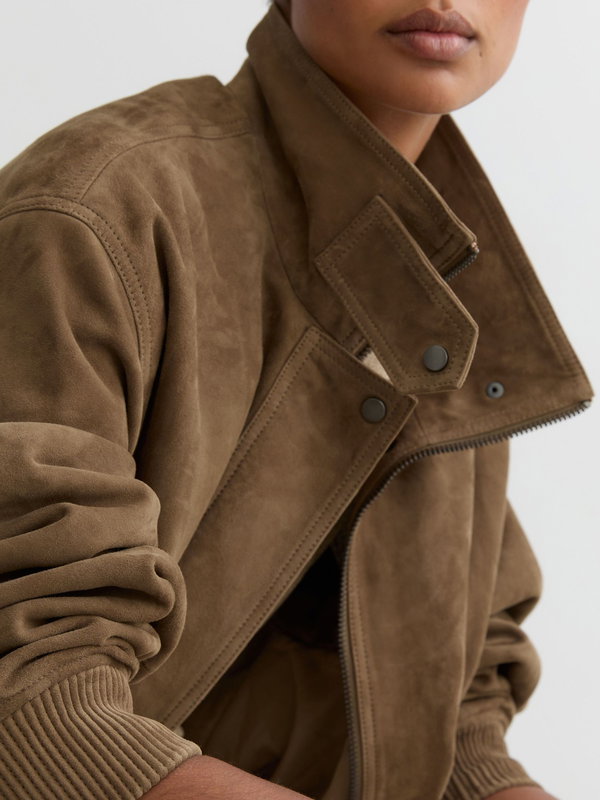 REISS Suede Funnel-Neck Bomber Jacket In Neutral | endource