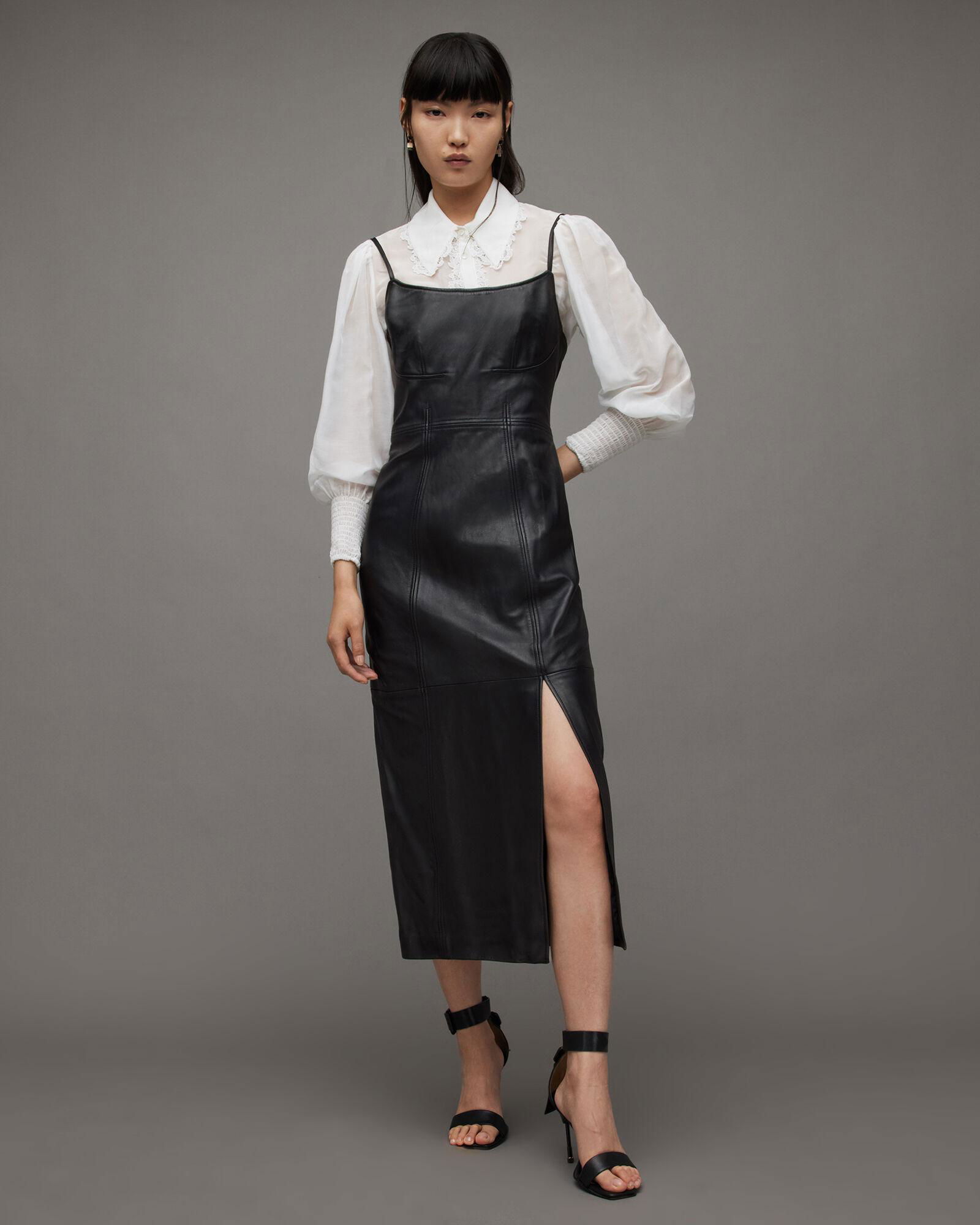 ALLSAINTS Norlene Side Split Leather Midi Dress