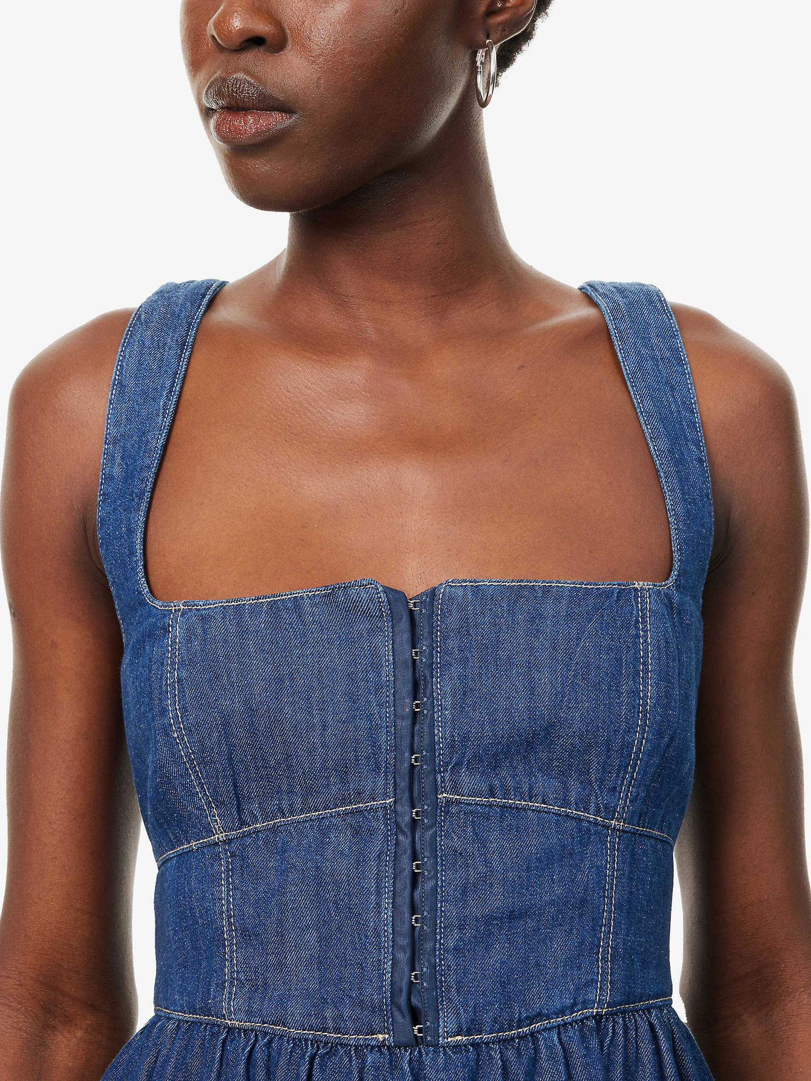tagliatelle denim midi dress Reformation Tagliatelle Denim Midi Dress