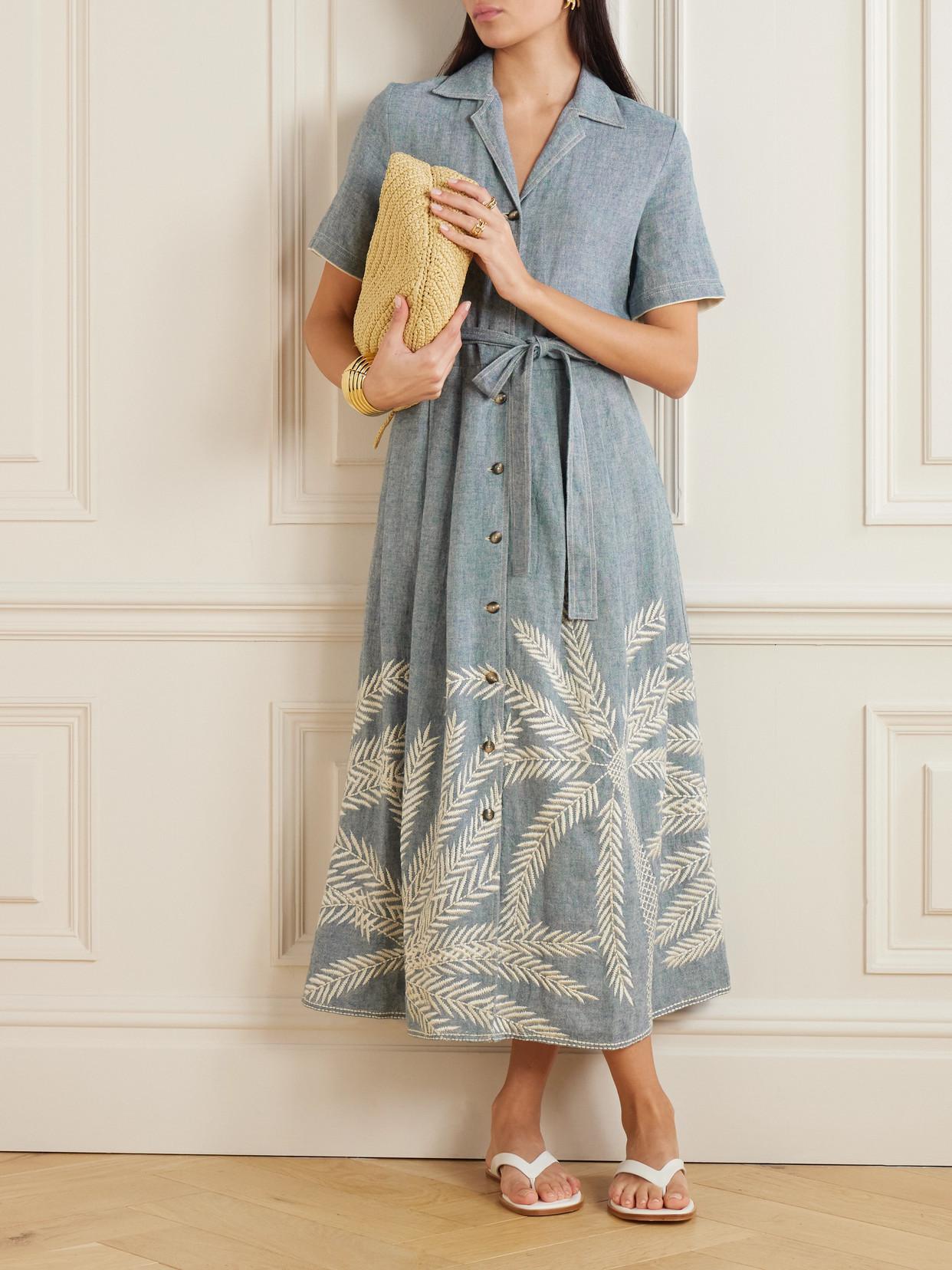 EMPORIO SIRENUSE Claudia Palm Belted Embroidered Ramie And Linen-Blend Midi  Dress | endource
