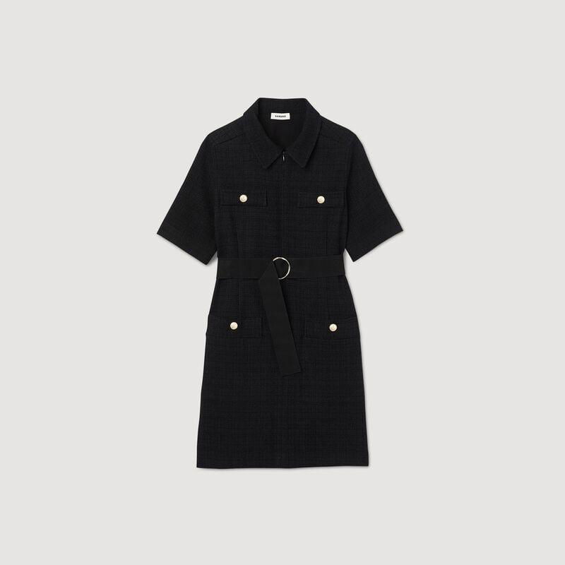 Black tweed dress with short sleeves, belted waist, and button details.