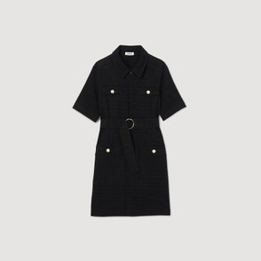 Black tweed dress with short sleeves, belted waist, and button details.