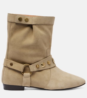 Beige suede ankle boot with gold hardware