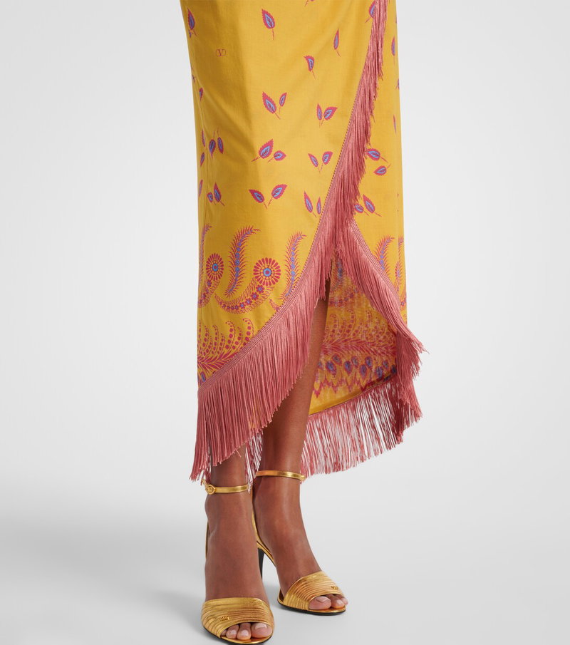Valentino yellow silk skirt with feather and fringe detailing