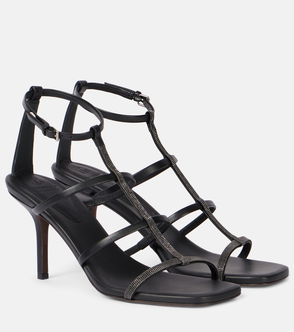 Black leather stiletto sandal with rhinestone embellishment