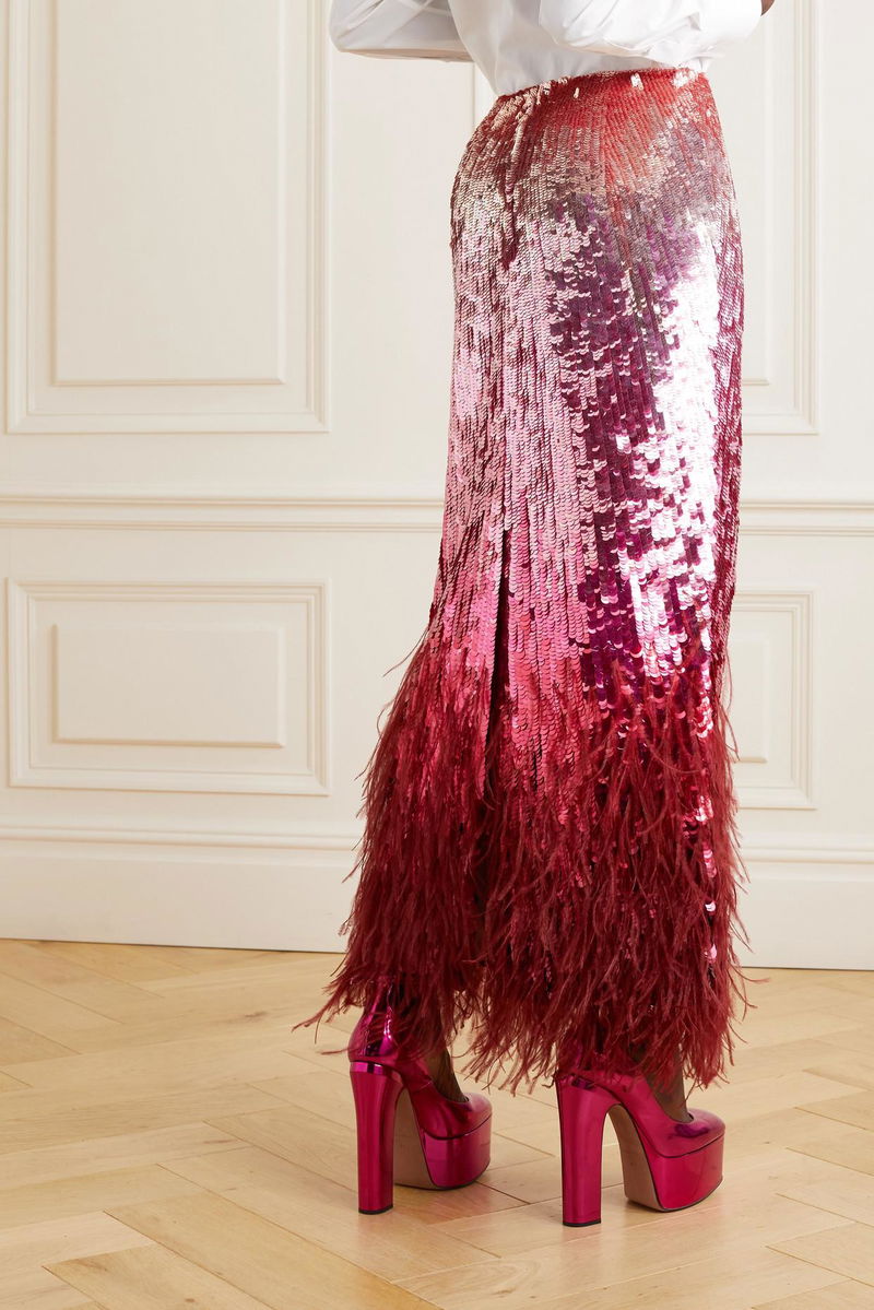 VALENTINO GARAVANI Feather-Trimmed Sequined Satin Midi Skirt