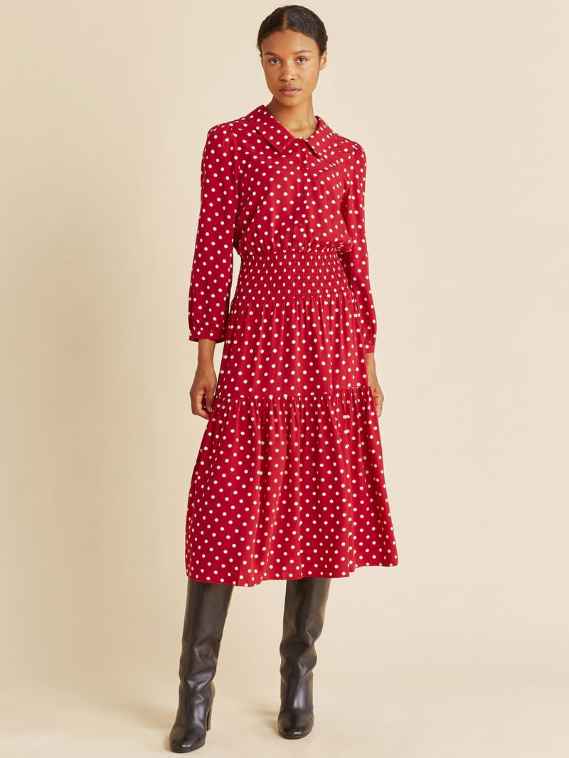 tiered smock midi dress Threadbare Women's Red Abstract Spot Print Short Puff Sleeve Tiered Smock  Ladies' Midi Dress