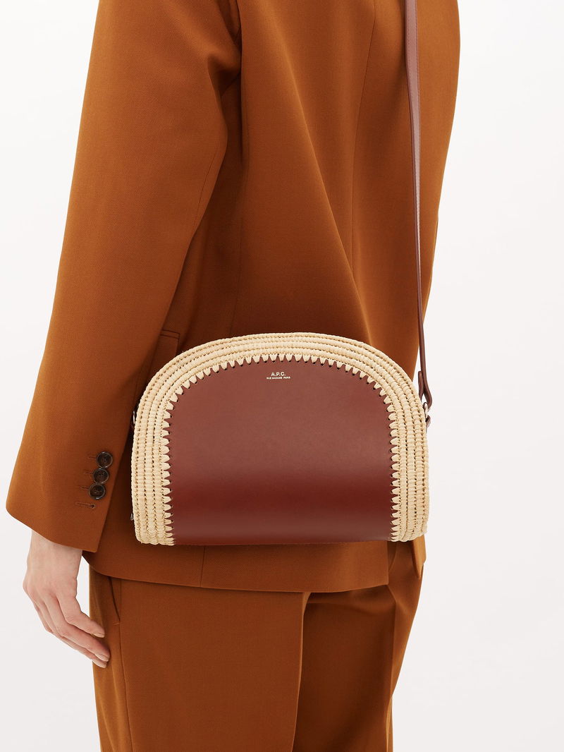 A.P.C. Raffia And Leather Mini Demi-lune Bag in Brown