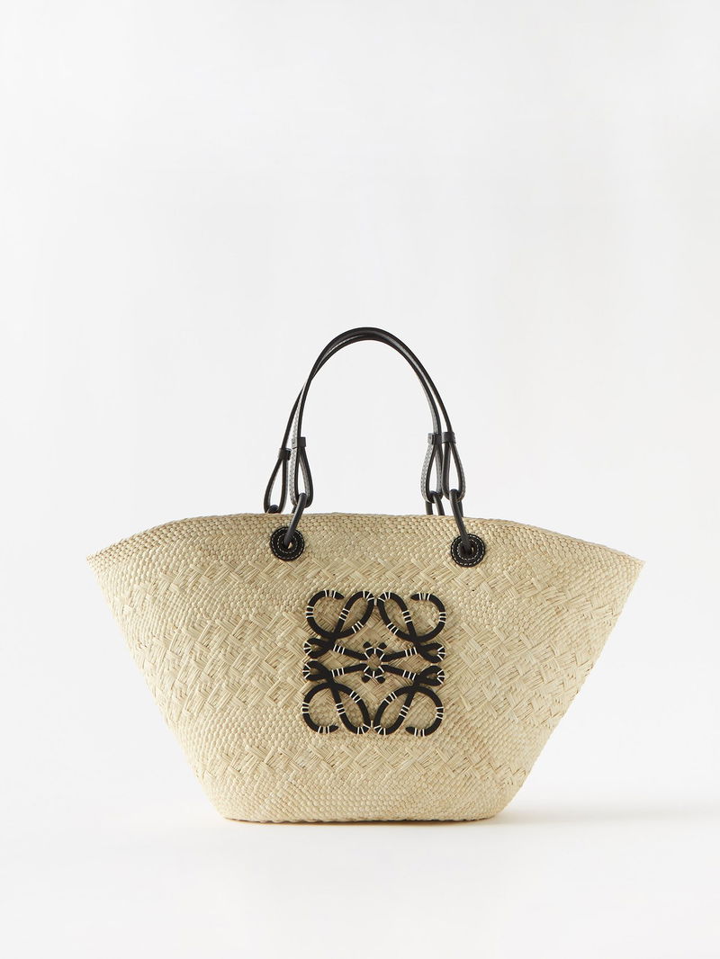 Beige Anagram small leather-trimmed woven basket bag, LOEWE