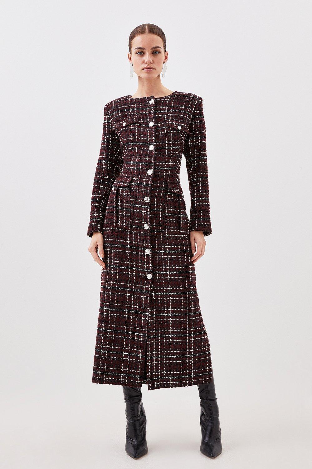 KAREN MILLEN Petite Tailored Boucle Pocket Detail Long Sleeve Midi Dress |  endource
