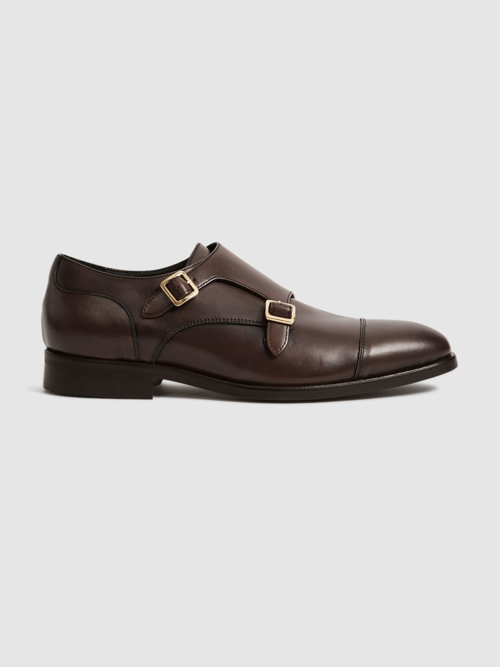 REISS Cognac Rivington Leather Double Monk Strap Dress Shoes Almond Toe Formal Reiss Leather Double-Strap Monk Shoes in Tan | REISS main image 3