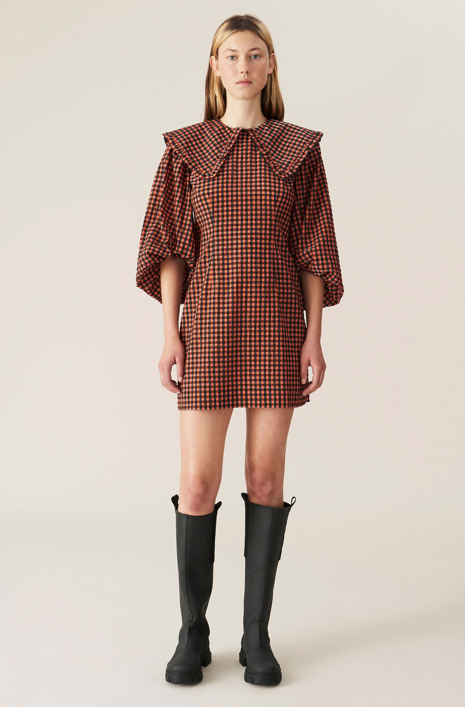 ganni seersucker mini dress Ganni Checked Organic Cotton-blend Seersucker Mini Dress in Red