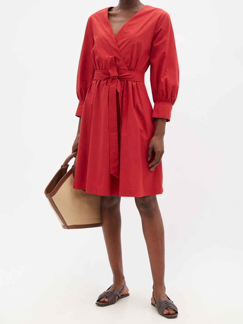 MAX MARA Red AFFINE 3/4 Sleeve Belted A-line Midi Fit Flare Skirt Dress 4  36 38