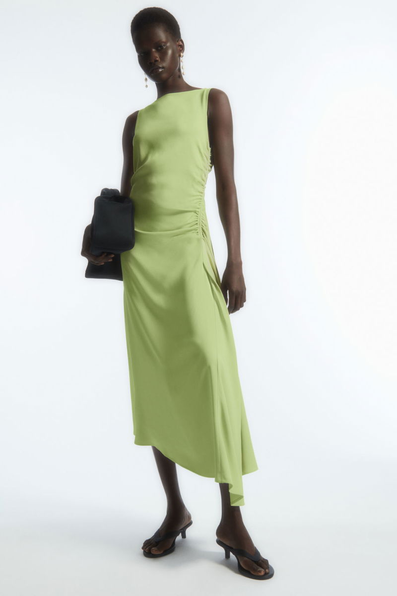 COS Asymmetric Gathered Satin Midi Dress in GREEN | Endource