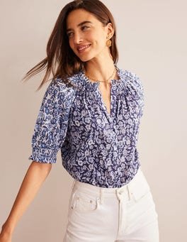 BODEN Remix Cotton Top in Porcelain Blue, Pansy Bloom