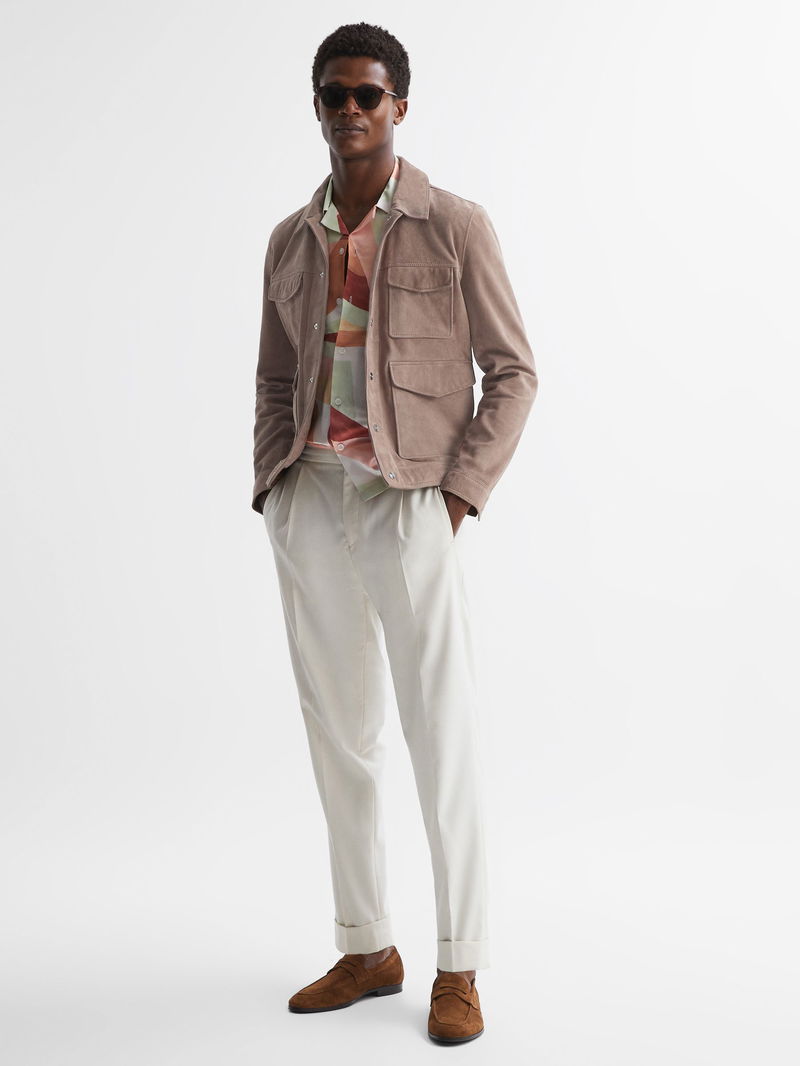 REISS Ballina Suede Pocket Front Jacket in Taupe | Endource